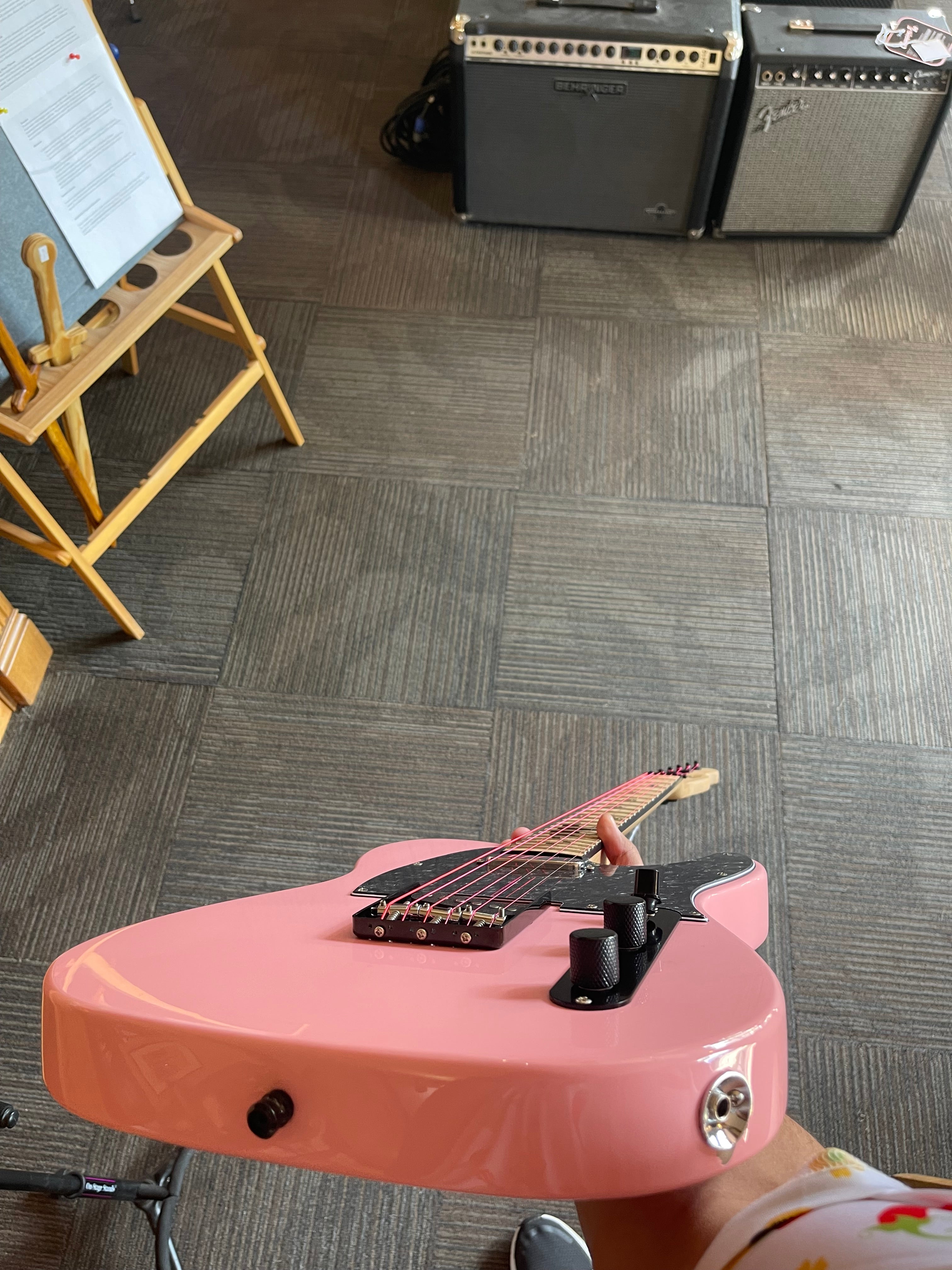 Trevis Custom T-Style Electric Guitar – Pink with Paw Print Inlays – New with Cosmetic Damage