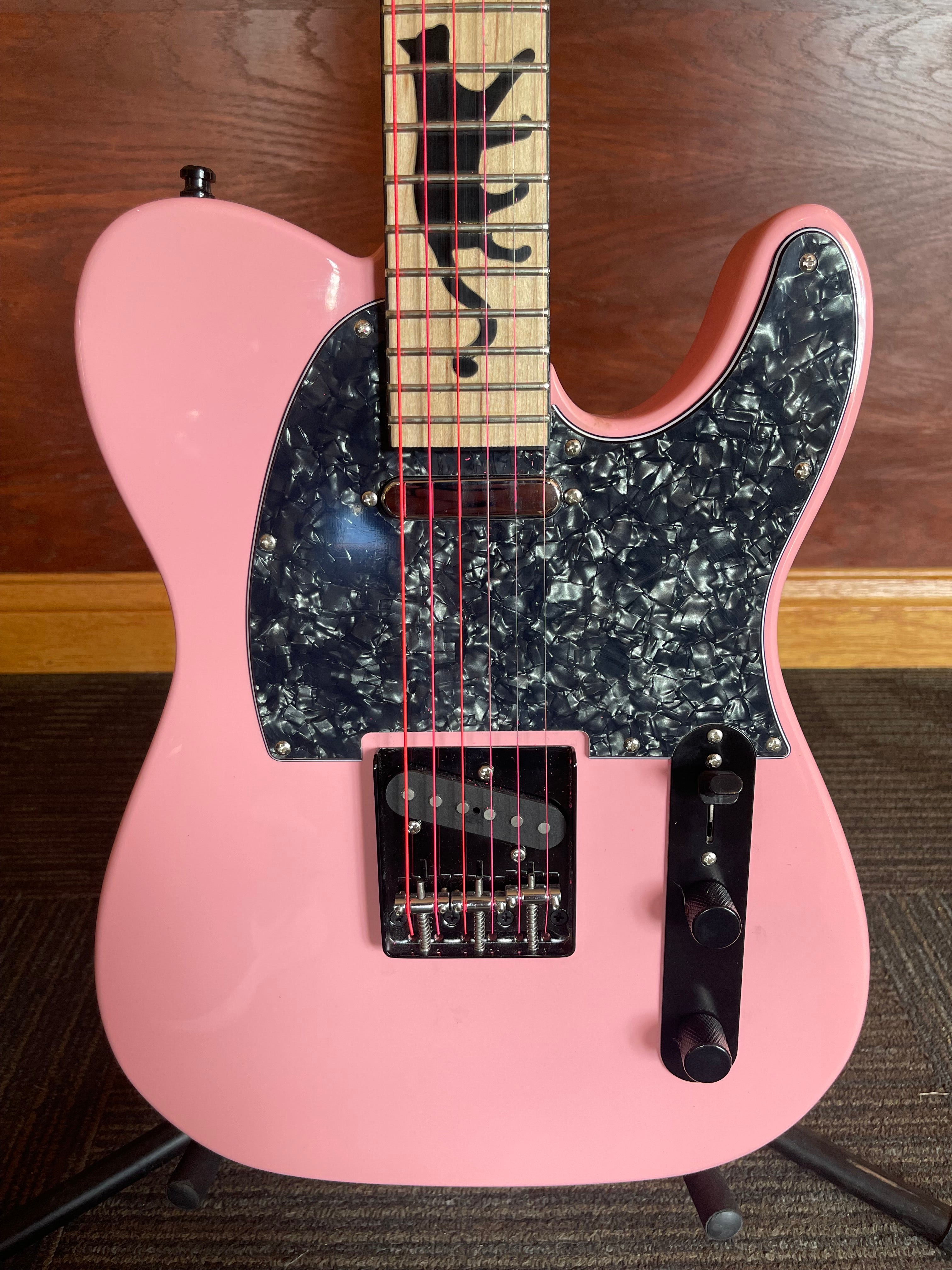 Trevis Custom T-Style Electric Guitar – Pink with Paw Print Inlays – New with Cosmetic Damage