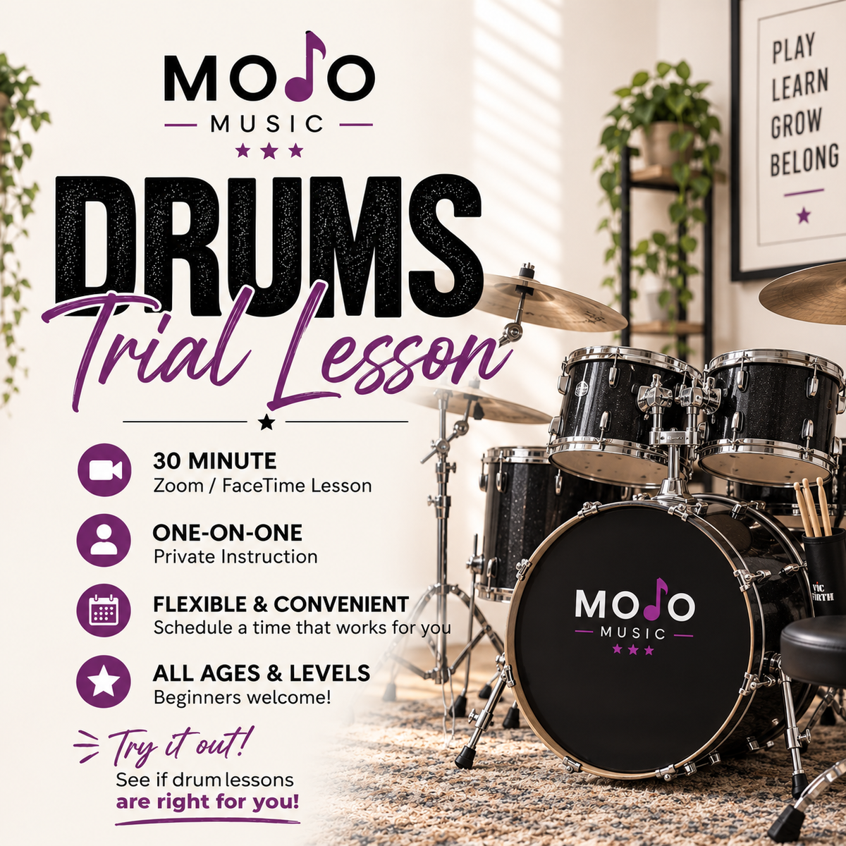 30-Minute Online Drum Trial Lesson | One-on-One Zoom or FaceTime