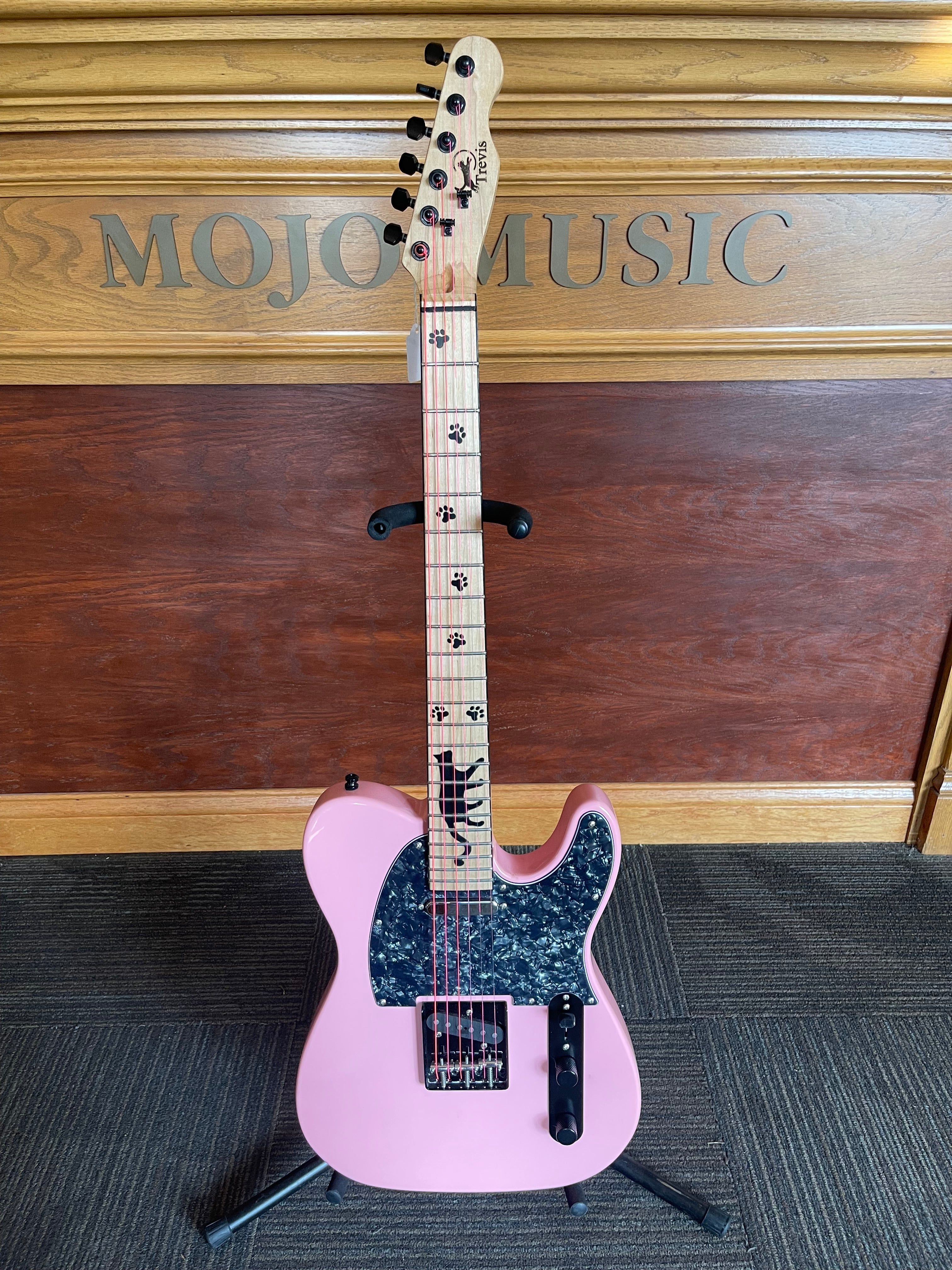 Trevis Custom T-Style Electric Guitar – Pink with Paw Print Inlays – New with Cosmetic Damage