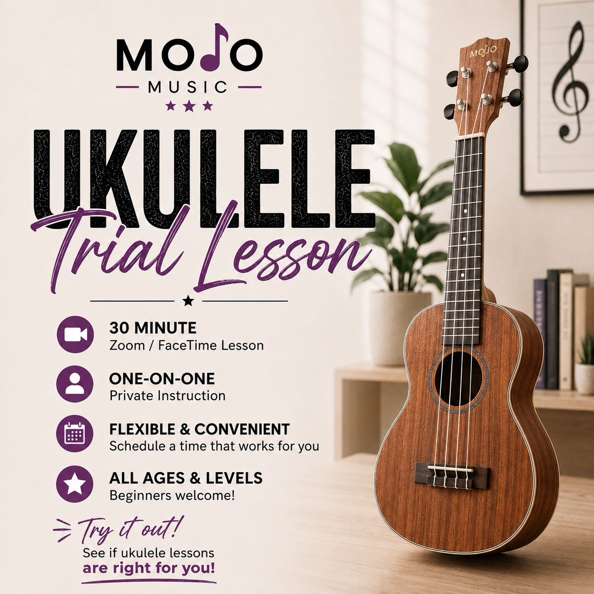 30-Minute Online Ukulele Trial Lesson | One-on-One Zoom or FaceTime
