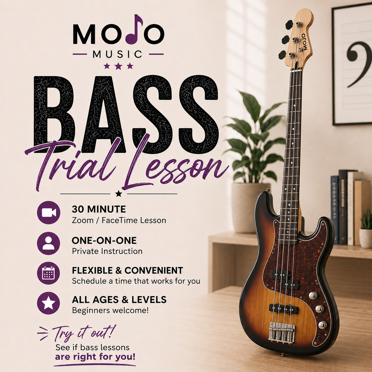 30-Minute Online Bass Trial Lesson | One-on-One Zoom or FaceTime